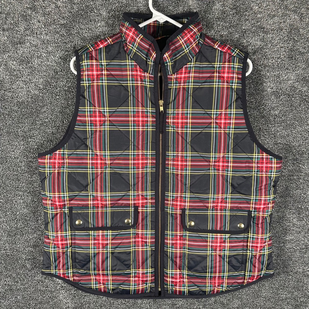 J.Crew Vest Womens XL Excursion Black Red Tartan Plaid Quilted Full Zip Pockets